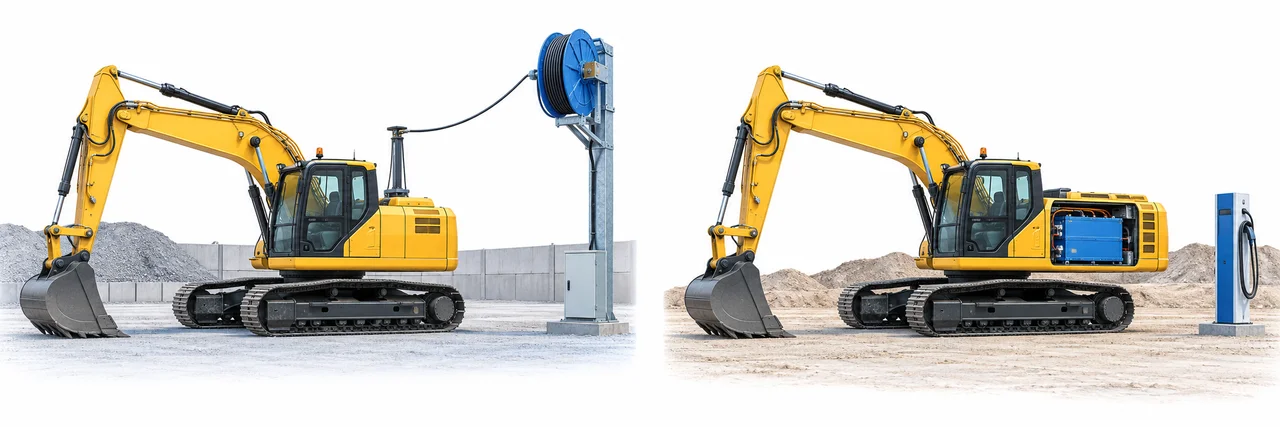Excavator concept: trailing-cable power on the left, onboard battery power on the right