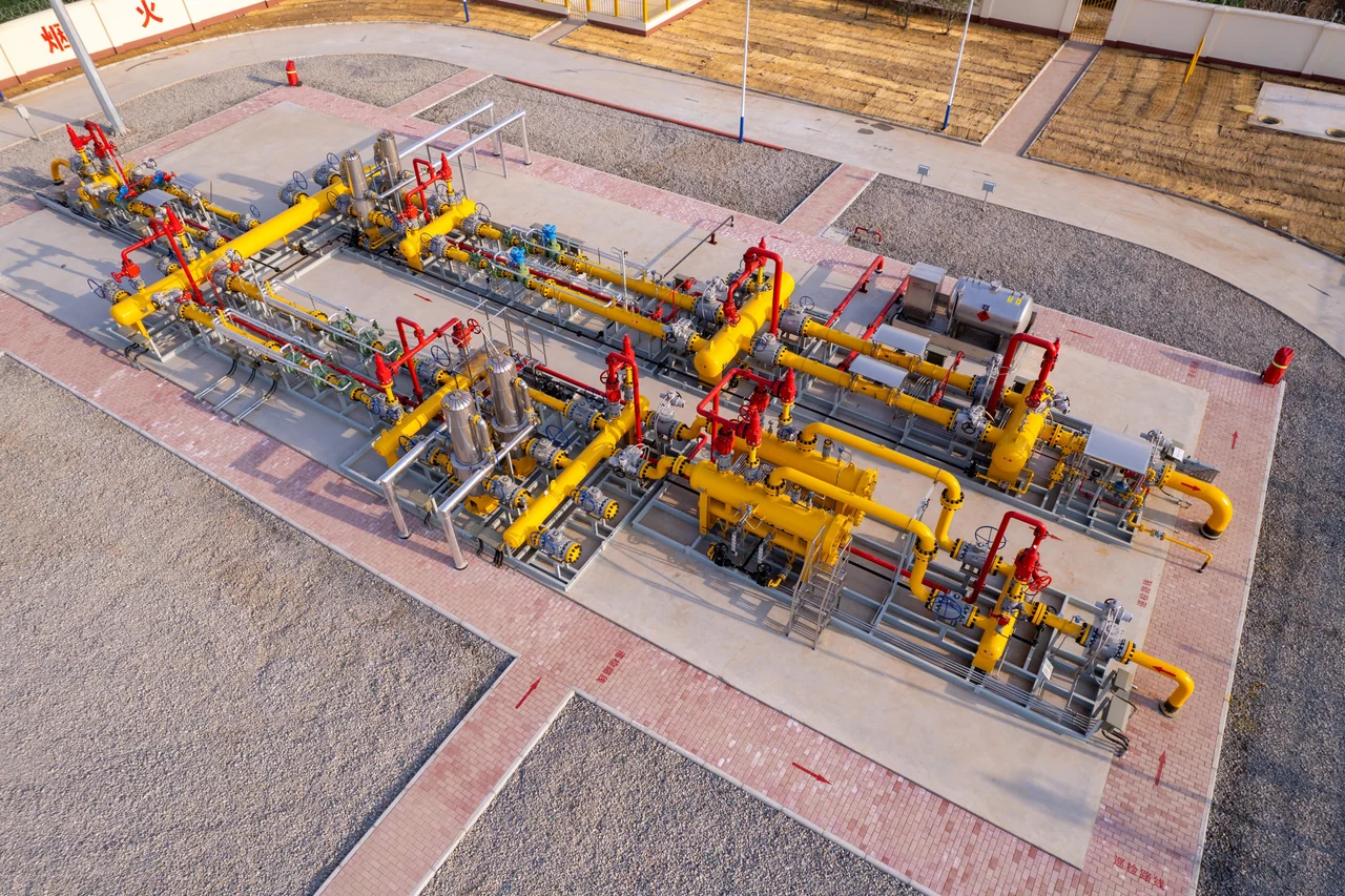 Aerial view of gas pressure regulation and metering station, piping and facilities