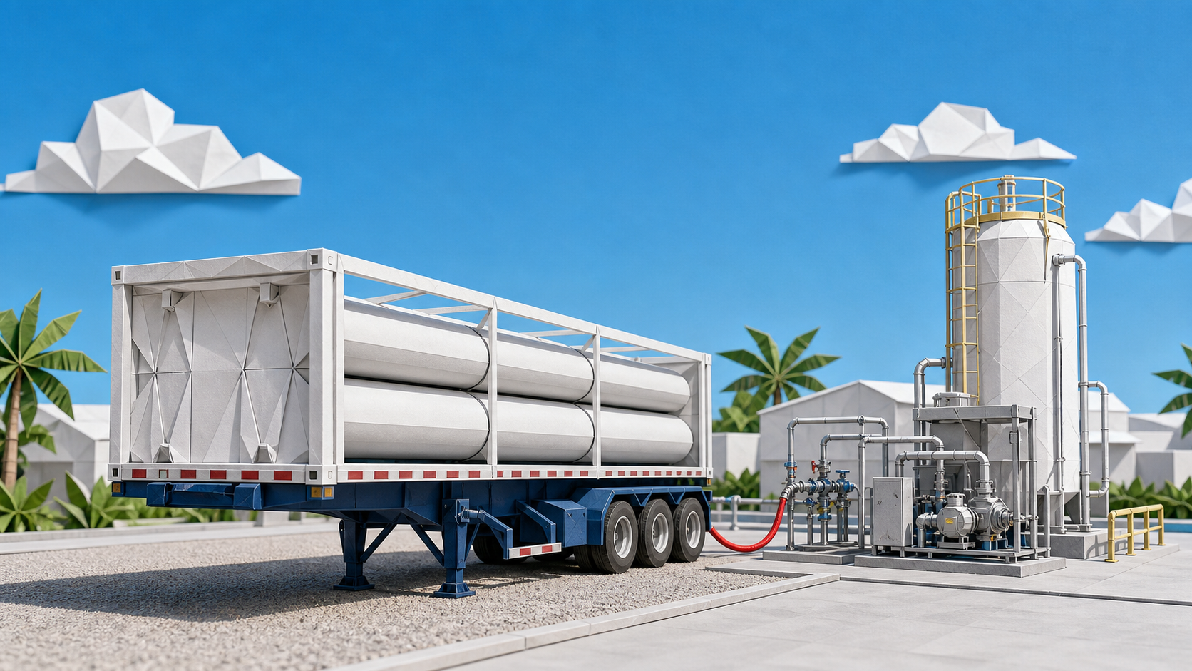 Origami-style concept illustration of a biomethane processing facility loading gas into a tube trailer