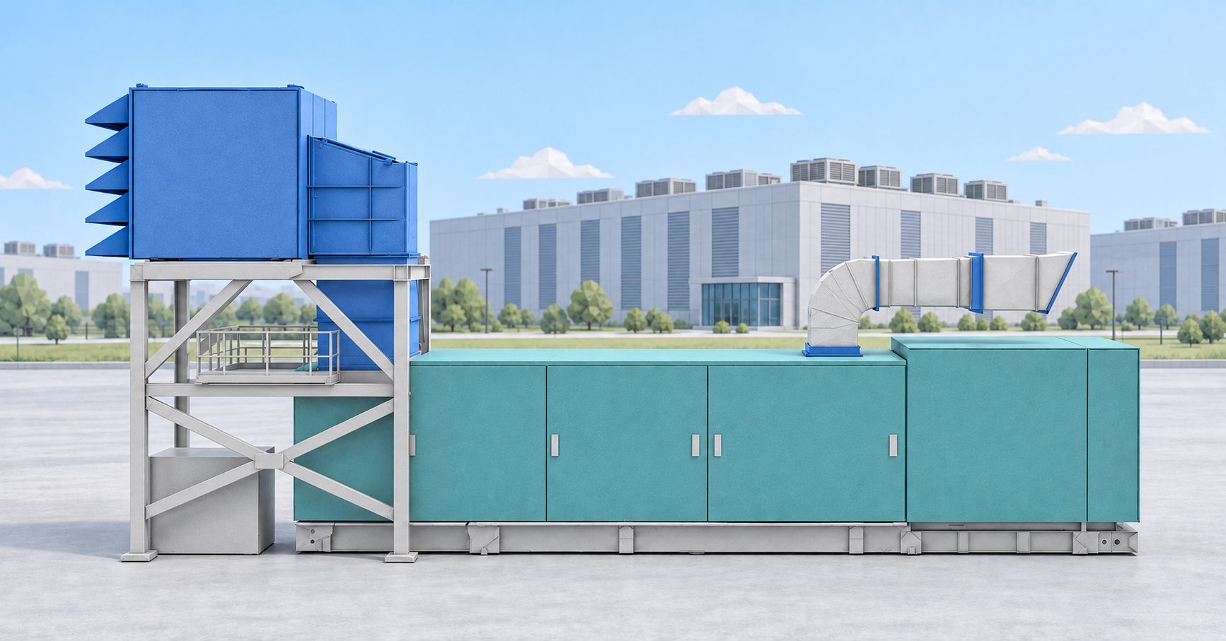 Origami-style concept illustration of a gas turbine package and data centre