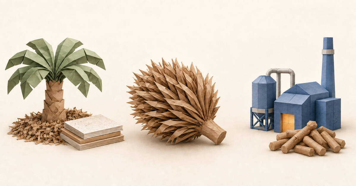 Origami-style concept illustration of oil palm EFB, fibre products and biomass fuel applications