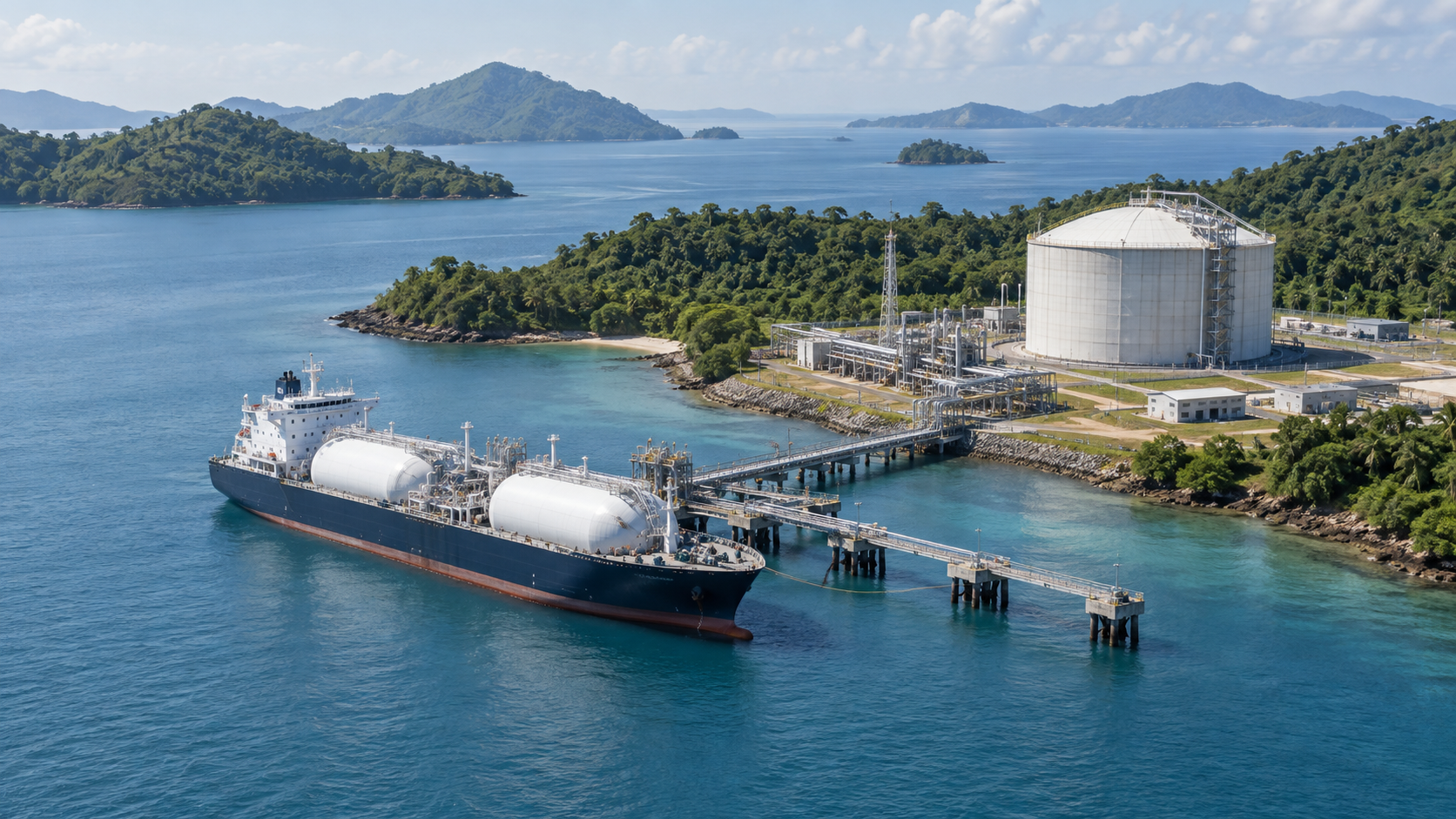 Concept illustration of an LNG vessel, jetty and shore storage in an Indonesian island setting