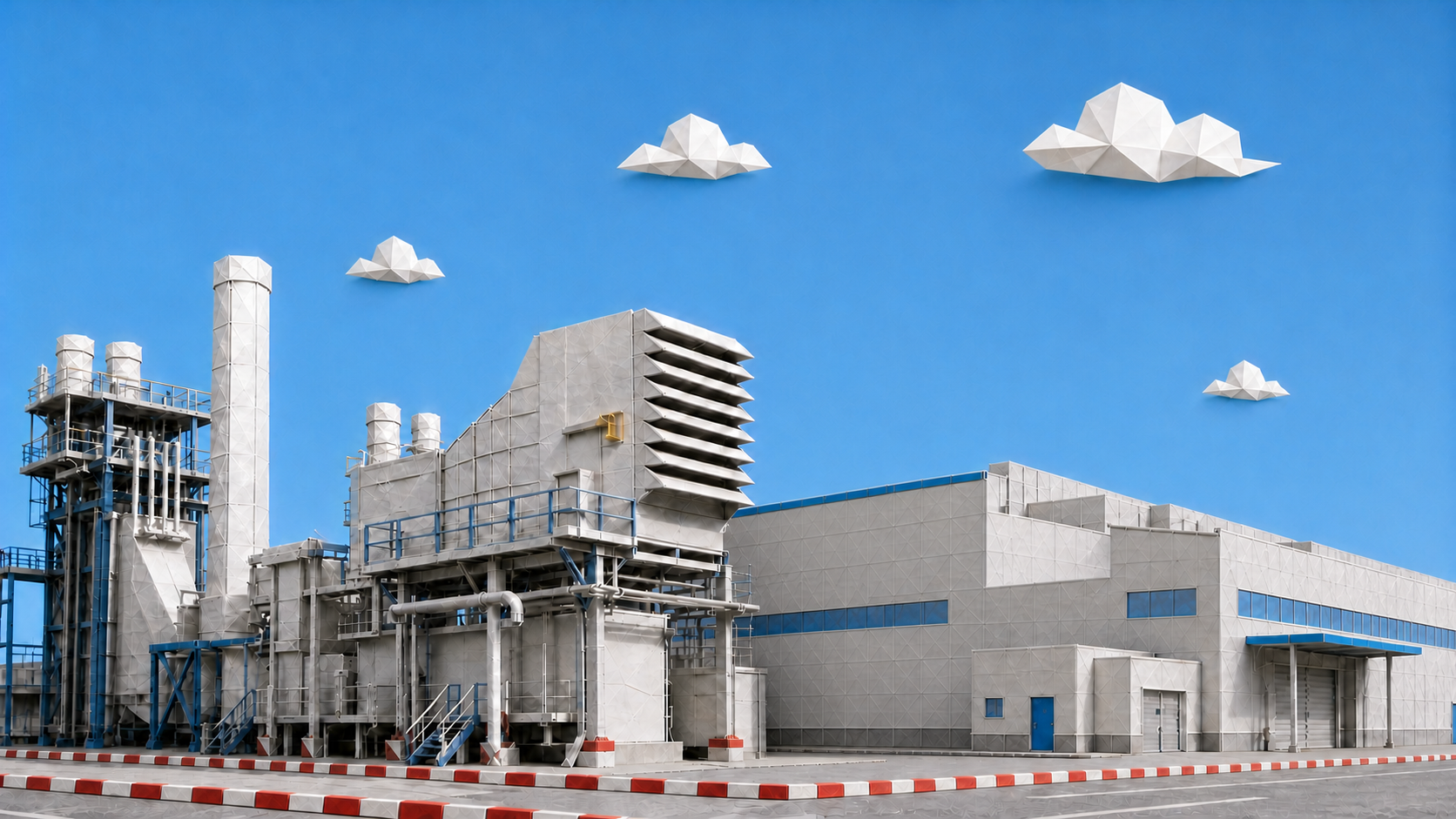 Origami-style concept illustration of an industrial building and CHP facilities