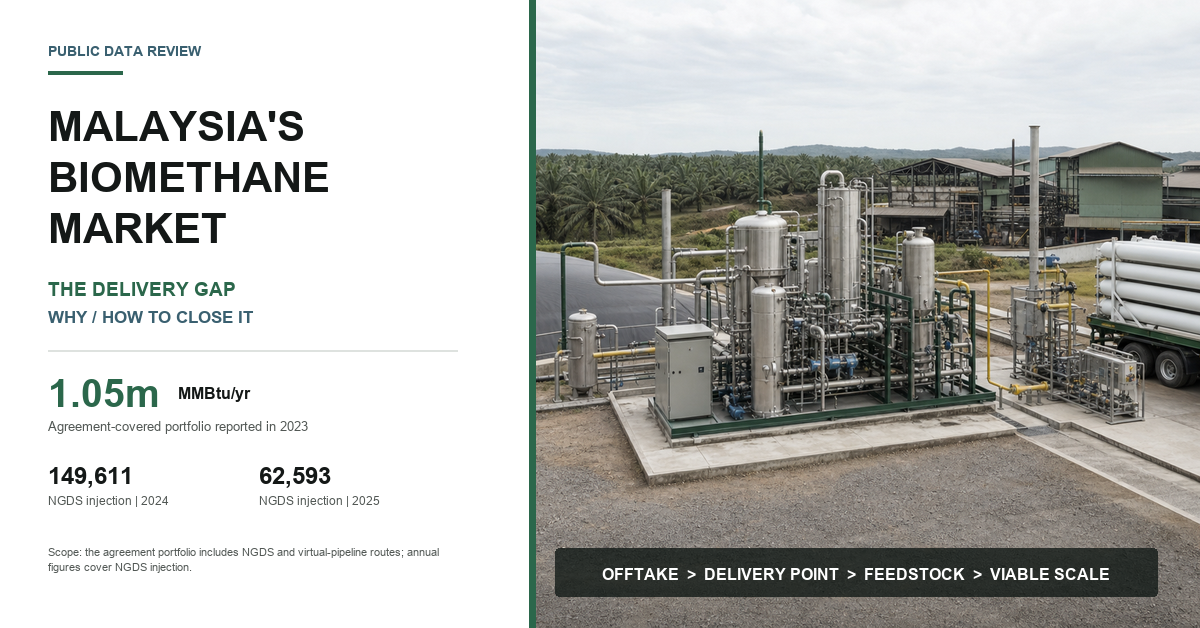 Article cover showing Malaysian biomethane contracted volumes, annual grid injection and production facilities