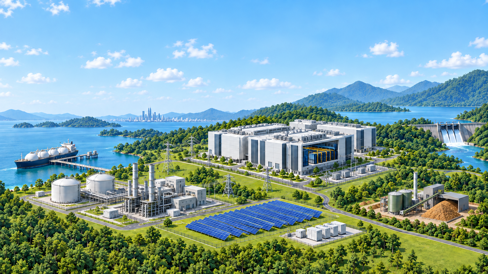 Concept illustration of a data centre with gas, solar, hydropower and biomass energy infrastructure