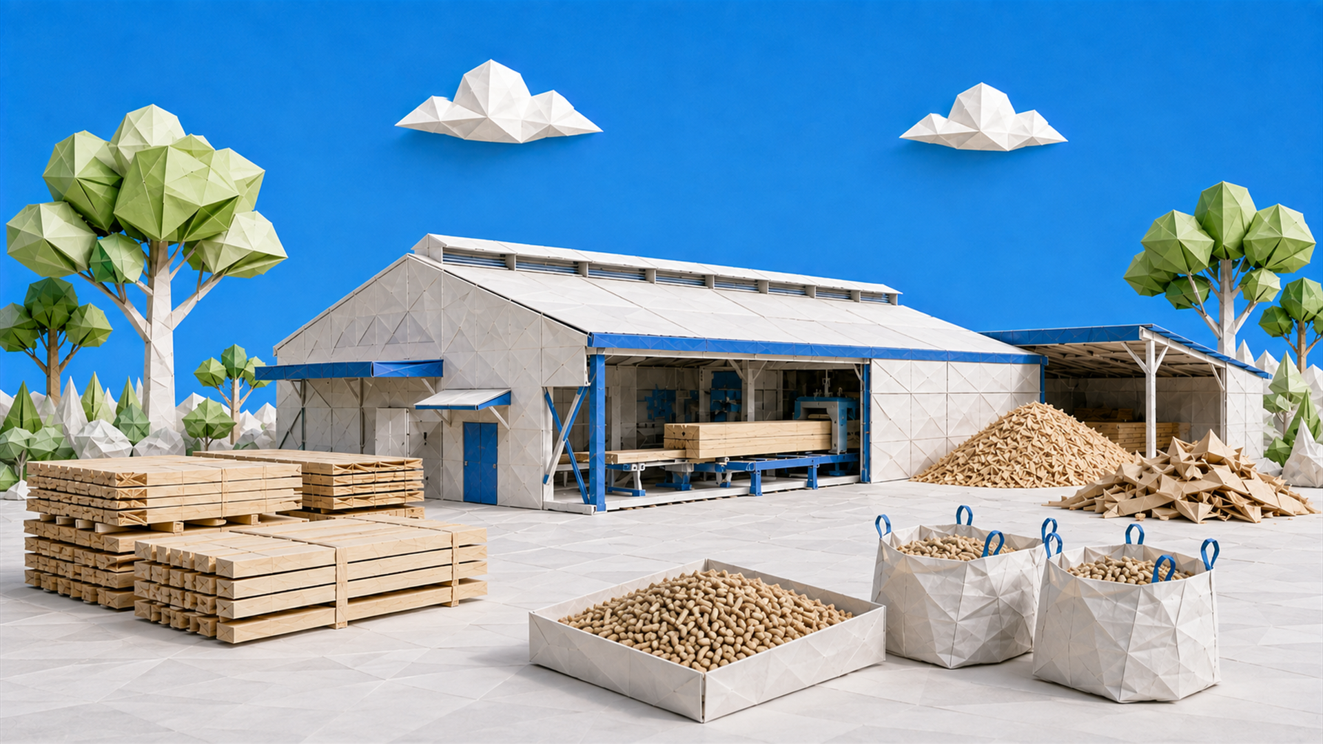 Origami-style concept illustration of a timber mill, lumber, wood residues and fuel pellets