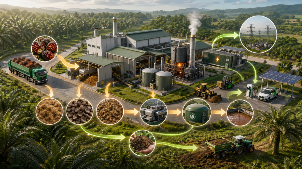 Concept illustration of palm mill energy, equipment electrification, biogas and fertiliser circulation