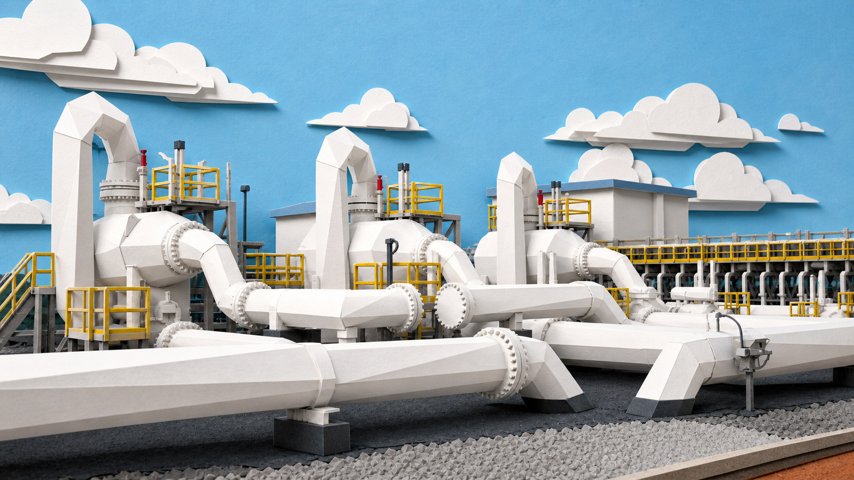 Origami-style concept illustration of gas pipelines, valves and station infrastructure