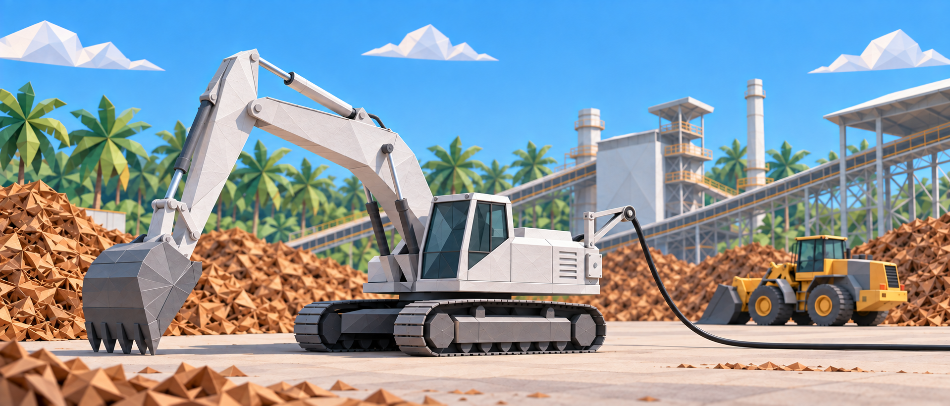 Origami-style concept illustration of a cable-powered excavator and loader in a biomass yard