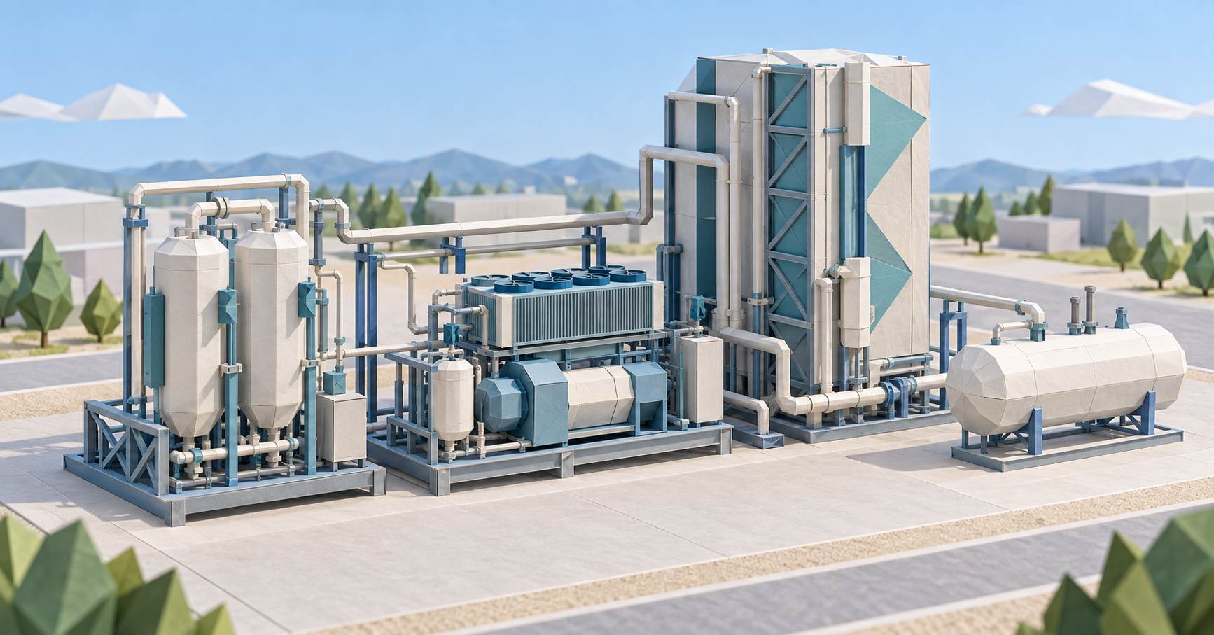 Origami-style concept illustration of a small-scale LNG liquefaction plant