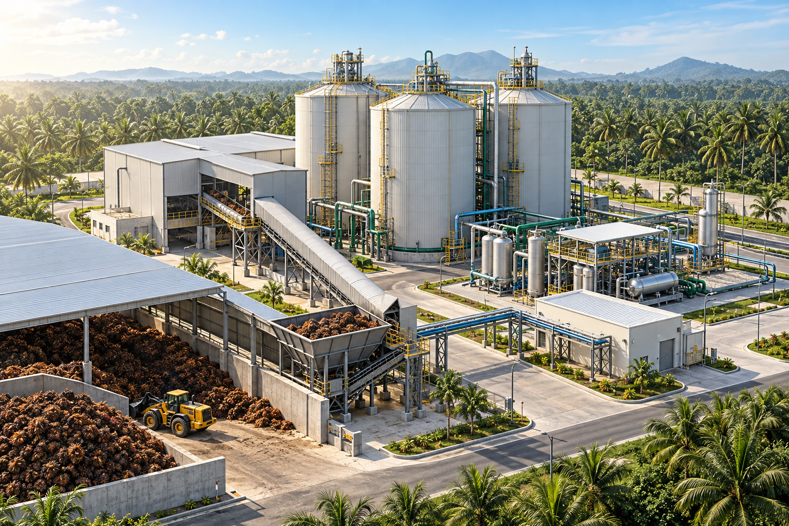 Illustrative EFB pretreatment, vertical dry anaerobic digesters and biomethane upgrading