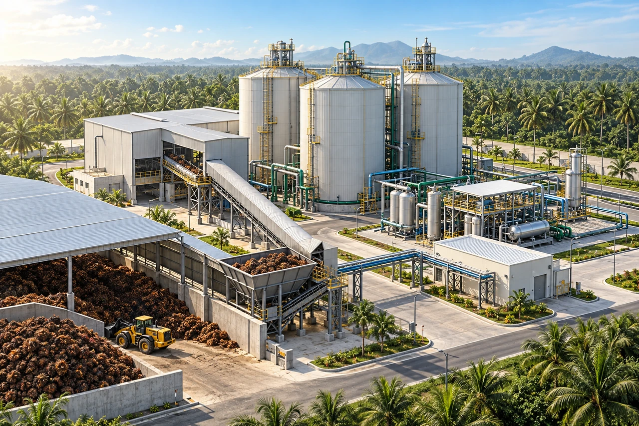 Illustrative EFB pretreatment, vertical dry anaerobic digesters and biomethane upgrading